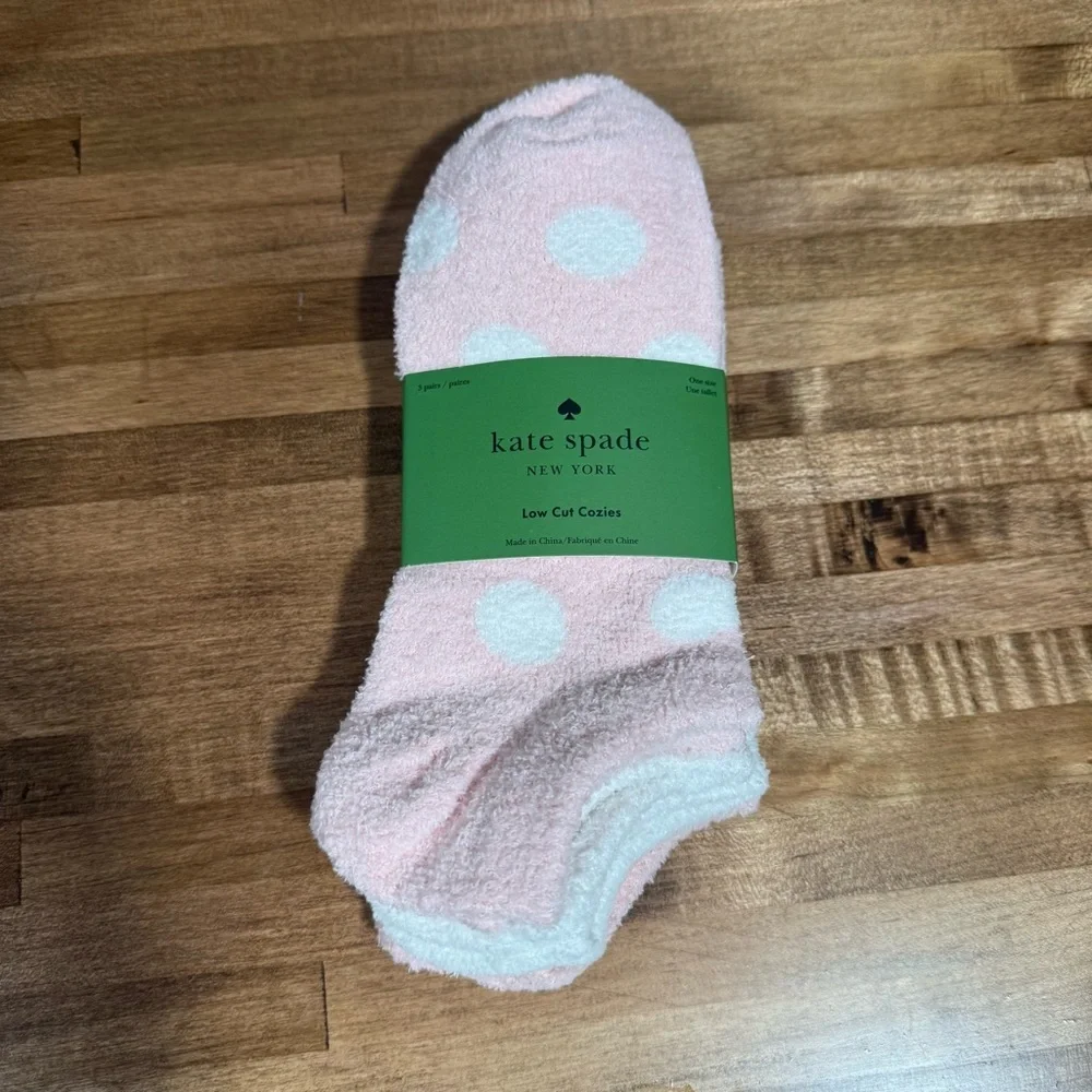 Kate Spade Low Cut Cozies Socks 3 Pack Blush Pink Polka Dot Fuzzy Soft